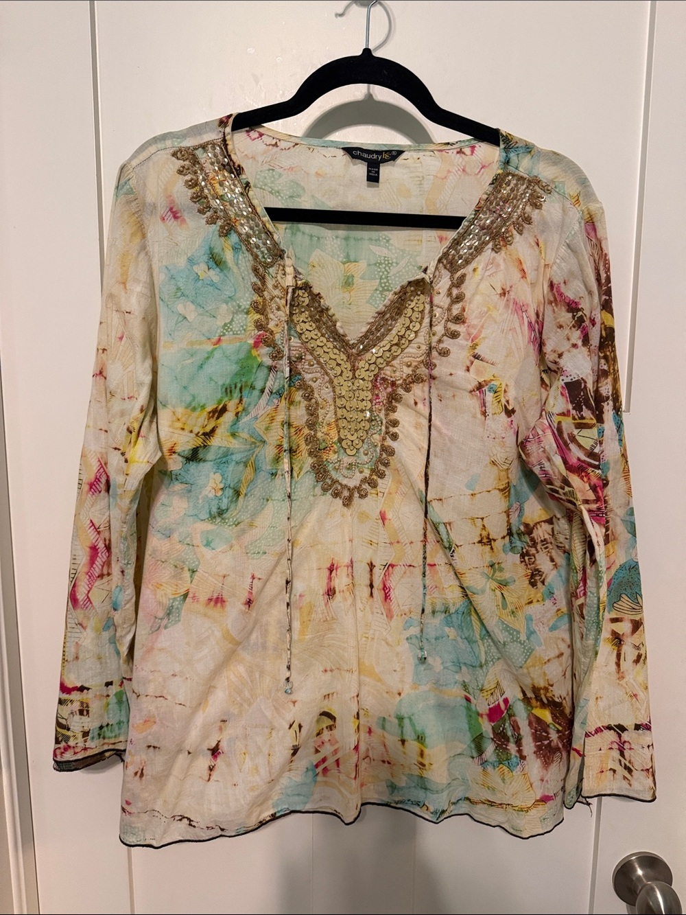 Chaudry & Co. Embellished Watercolor-Print V-Neck Artsy Lightweight Tunic